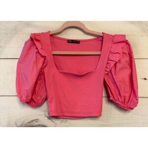 ZARA Pink Ribbed Square Neck Puff Sleeve Crop Top Size S